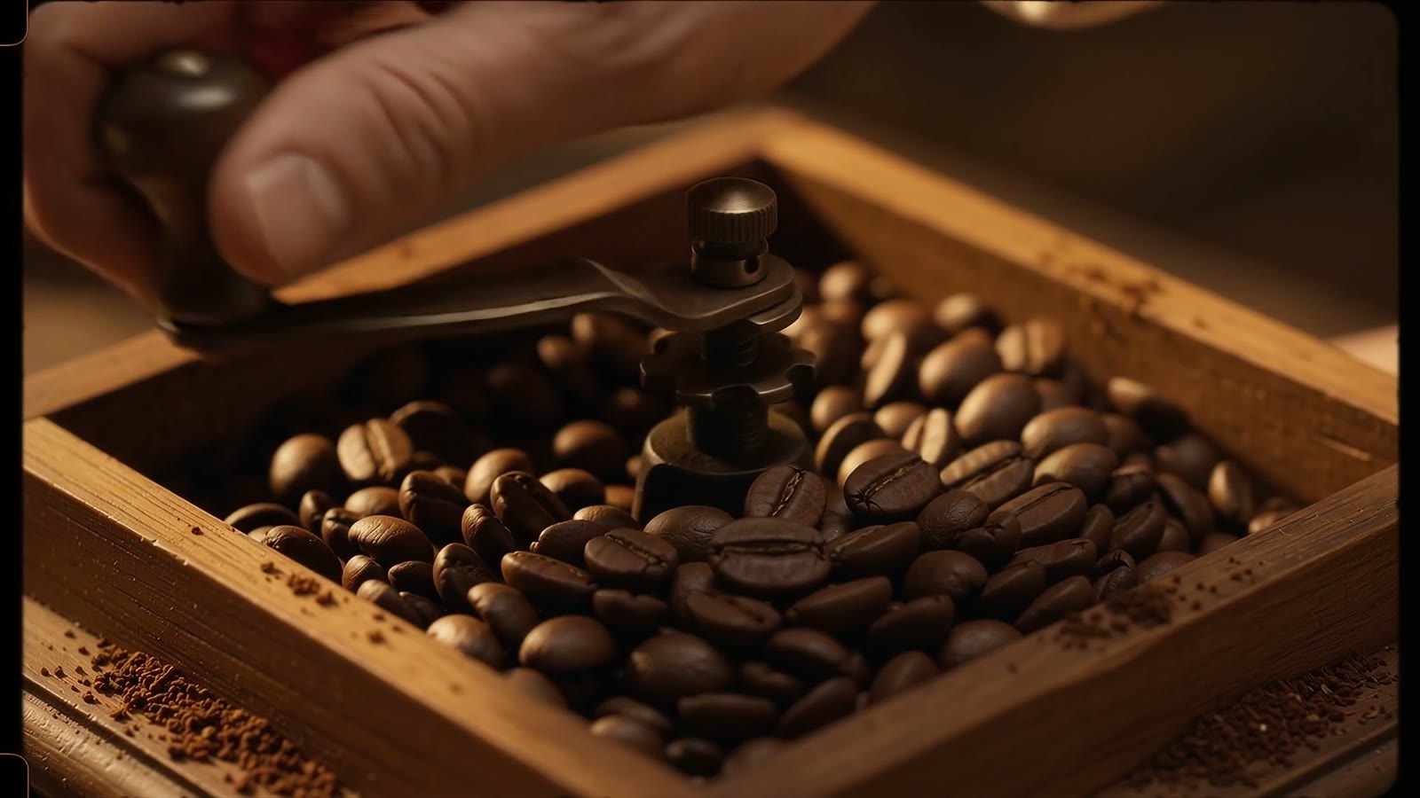 A hand turning the brass crank of a vintage wooden coffee grinder full of beans