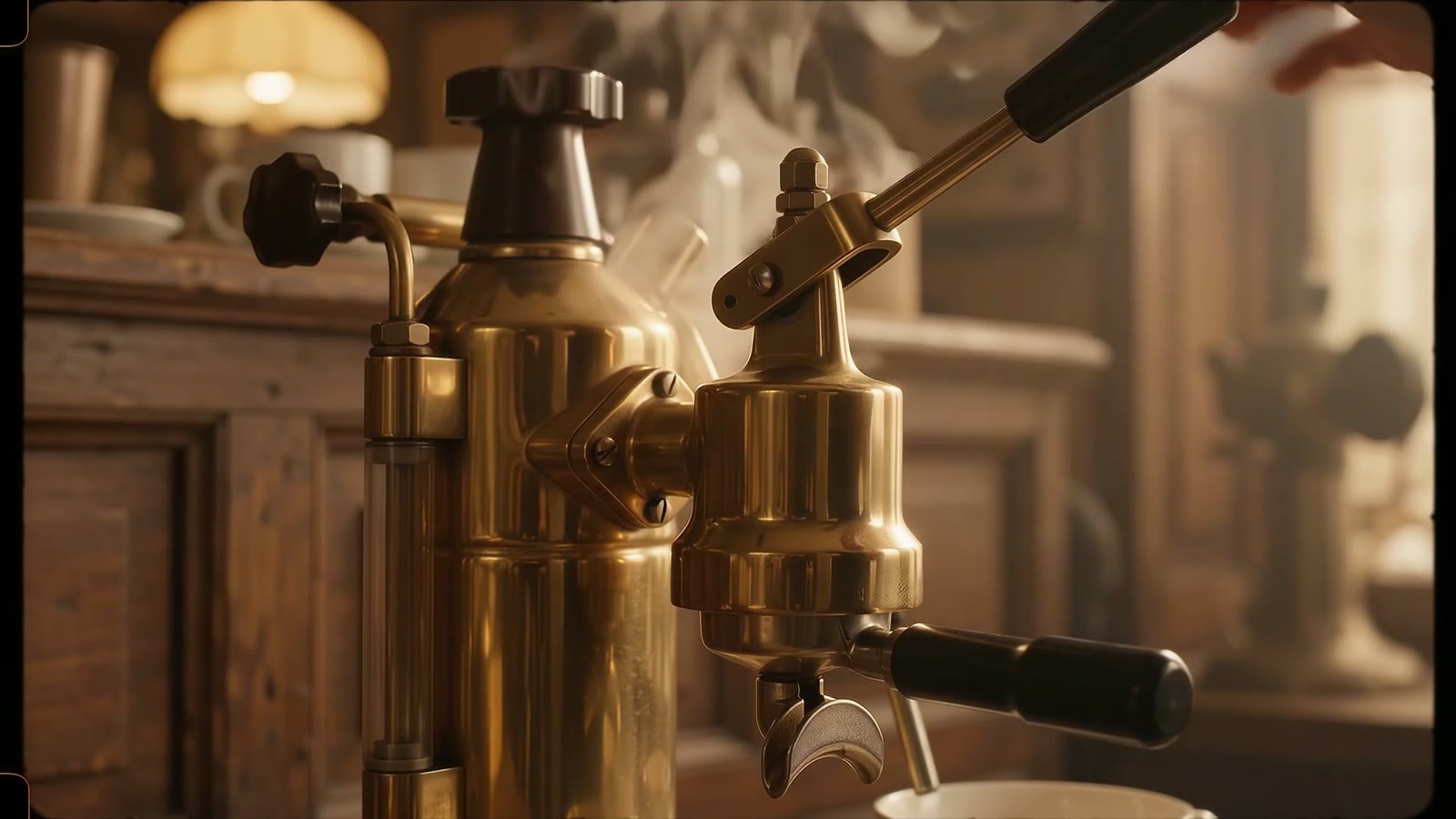 A polished vintage brass lever espresso machine in warm lamplight