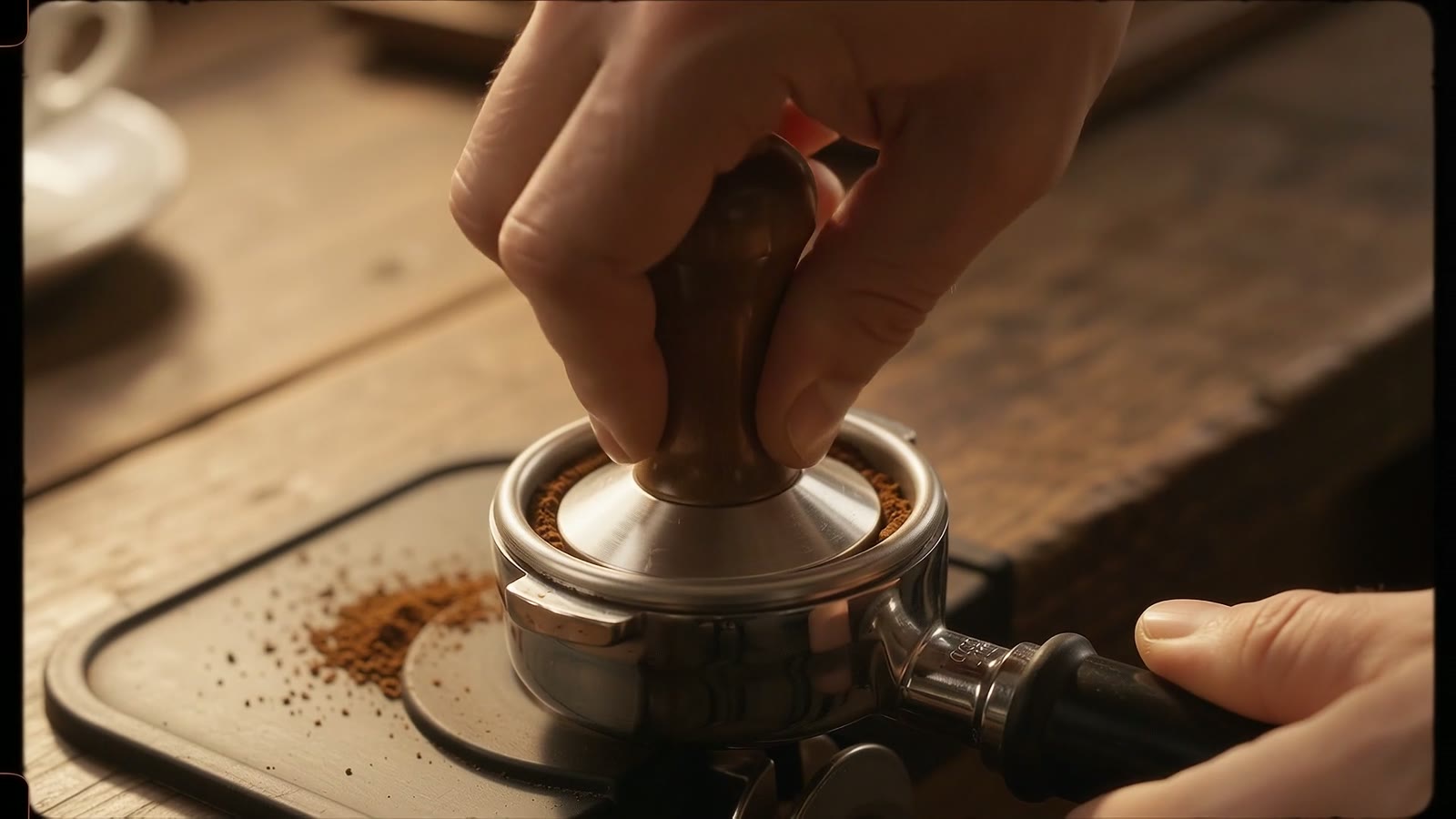 Hands tamping fresh ground coffee into a stainless portafilter